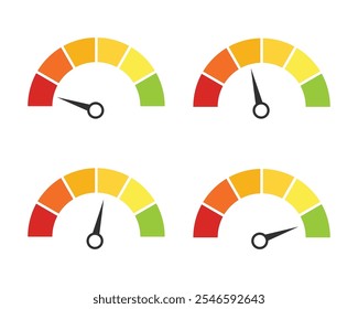 Speedometer icon set. Set of gauges icon from low to high. performance level, risk meter, score  meter, progress score. Green and red barometer. Dashboard with arrows. Risk infographics, 
