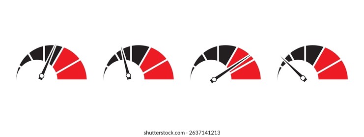 Speedometer icon set. Set of gauges from low to high. Risk meter icon set. Risk concept on speedometer. Set of gauges from low to high . eps 10