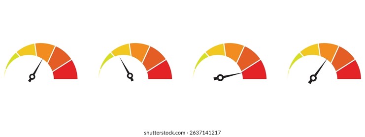 Speedometer icon set. Set of gauges from low to high. Risk meter icon set. Risk concept on speedometer. Set of gauges from low to high . eps 10