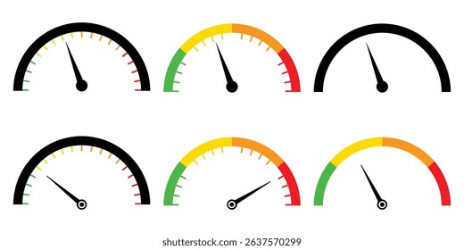 Speedometer icon set. Set of gauges from low to high. Risk meter icon set. Risk concept on speedometer. Set of gauges from low to high. Car speedometer icon outline collection. risk meter, indicator. 