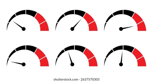 Speedometer icon set. Set of gauges from low to high. Risk meter icon set. Risk concept on speedometer. Set of gauges from low to high. Car speedometer icon outline collection. risk meter, indicator. 