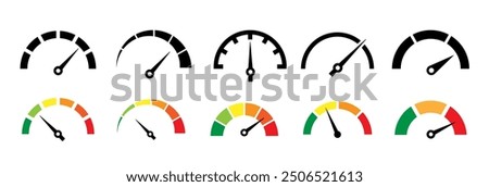 Speedometer icon set. Set of gauges from low to high. Risk meter icon set. Risk concept on speedometer. Set of gauges from low to high.  Vector illustration.