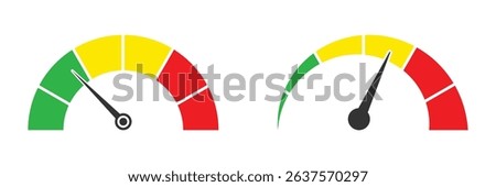 Speedometer icon set. Set of gauges from low to high. Risk meter icon set. Risk concept on speedometer. Set of gauges from low to high. Car speedometer icon outline collection. risk meter, indicator. 