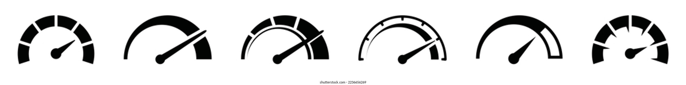 Speedometer icon set. High speed indicator sign. Car or fast speed in flat, outline style. Speed test for game, app and website, symbol vector illustration