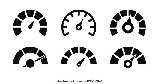Speedometer icon set. Speedometer indicators with arrows. Dashboard, gauge, counter and tachometer. Scale from minimum to maximum. Speed signs. Vector illustration.