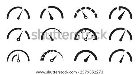 Speedometer icon set. low to high. Risk meter icon set. Credit score speedometer. Set of gauges from low to high. Vector illustration.
