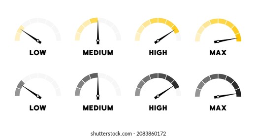 Speedometer icon set. Low, medium, high and max speed. Vector EPS 10. Isolated on white background.