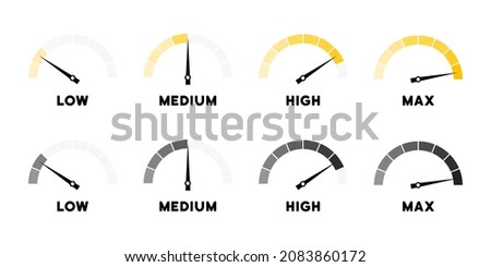 Speedometer icon set. Low, medium, high and max speed. Vector EPS 10. Isolated on white background.