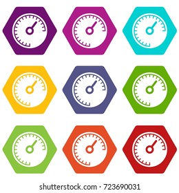 Speedometer icon set many color hexahedron isolated on white vector illustration
