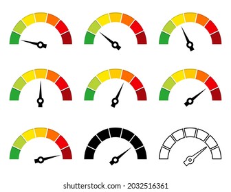 Speedometer icon set. Performance indicator template. Simple flat design. Vector illustration isolated on white. 