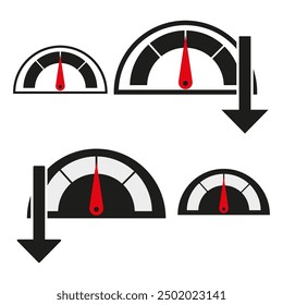 Speedometer icon set. Red arrow indicator. Black and white gauges. Simple vector design.