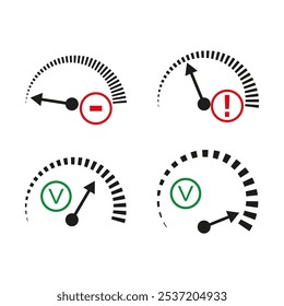 Conjunto de iconos de velocímetro. Marcas rojas y verdes. Símbolos del indicador de Vector. Iconos de medición.