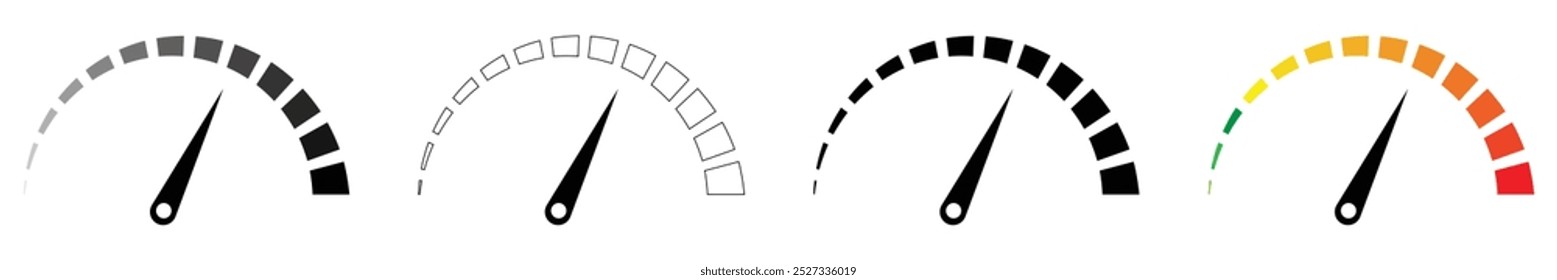 Speedometer icon set. Risk level gauge. Productivity meter.