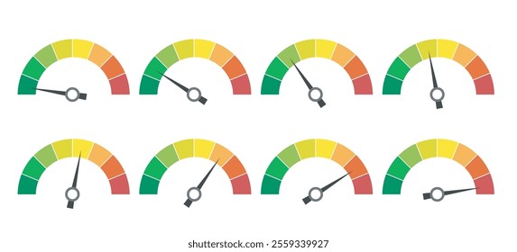 Speedometer icon set. Speed dial indicator from green to red marks low and high level isolated vector illustration