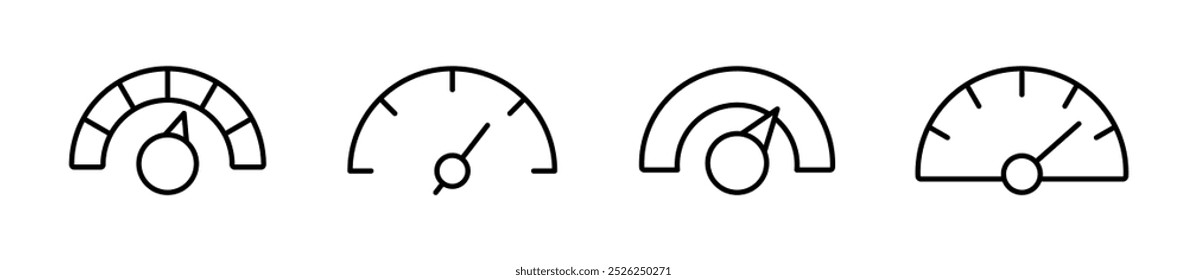 Geschwindigkeitsmesser-Symbolsatz. Geschwindigkeitsanzeiger. Gauge, Armaturenbrett, Tachometer, Maßstab. Tachosymbol mit Pfeil. Bearbeitbare Strichliniensymbole. Vektorgrafik.