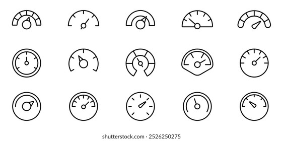 Speedometer icon set. Speed indicator. Gauge, dashboard, tachometer, scale. Speedometer icon with arrow. Editable stroke line icons. Vector illustration.