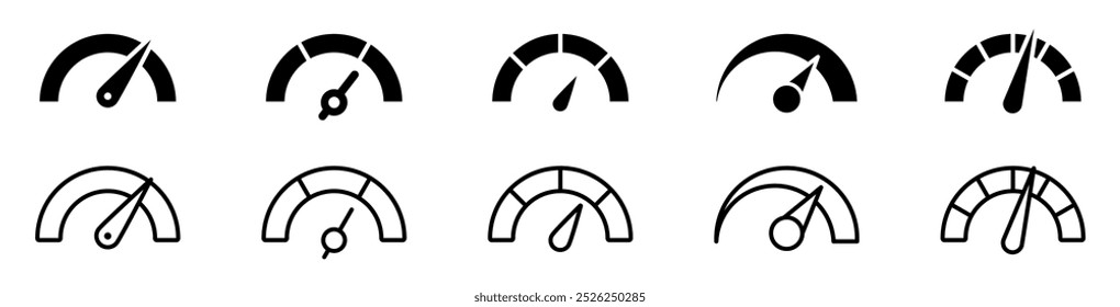 Speedometer icon set. Speed indicator. Gauge, dashboard, tachometer, scale. Speedometer icon with arrow. Editable stroke line icons. Vector illustration.