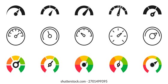 Conjunto de iconos de velocímetro. Indicador de velocidad. Indicador, salpicadero, tacómetro, báscula. Icono de velocímetro con flecha. Ilustración vectorial.