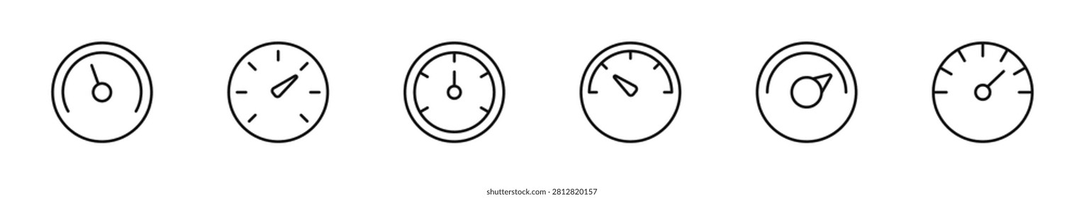 Speedometer icon set. Speed indicator icons in line style. Editable web icons gauge, dashboard, tachometer, scale. Vector illustration.