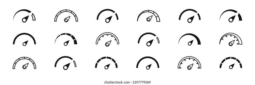 Geschwindigkeitsmesser-Icon-Set. Geschwindigkeitsanzeiger. Dashboard-Icon-Sammlung. Symbole mit Geschwindigkeitsskala. Symbole der Kontrollleiste. Vektorgrafik EPS10