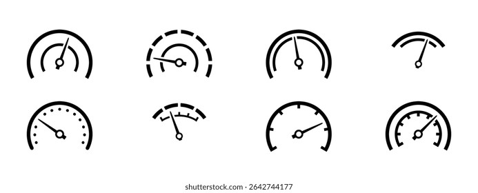 Ícone do velocímetro definido. Indicadores de velocidade com setas. Velocidade da Internet, medidor, painel de controle, indicador, tacômetro, escala. Indicador de pontuação de crédito. Ícone do medidor de níveis de risco. Ilustração vetorial