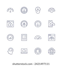 Speedometer icon set. Thin line icon. Editable stroke. Containing speedometer, benchmarking, speed, warning, mobile, speedtest, performance.