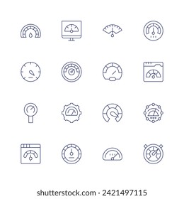 Speedometer icon set. Thin line icon. Editable stroke. Containing speedometer, speed, efficiency, performance, web, bandwidth, productivity.