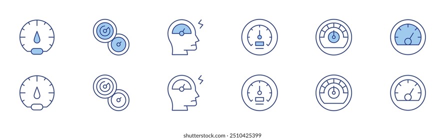 Ícone de velocímetro definido em dois estilos, Duotônico e Linha fina. Curso editável. velocímetro, métricas.