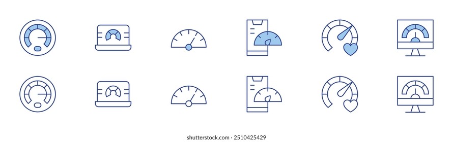 Speedometer icon set in two styles, Duotone and Thin Line style. Editable stroke. speed, mobile, physical well being, speedometer.