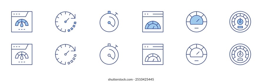 Speedometer icon set in two styles, Duotone and Thin Line style. Editable stroke. internet, performance, speedometer.