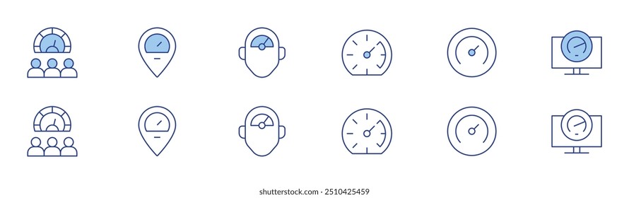 Speedometer icon set in two styles, Duotone and Thin Line style. Editable stroke. meter, speedometer, pressure, overload.