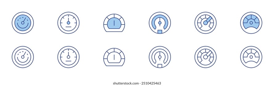 Speedometer icon set in two styles, Duotone and Thin Line style. Editable stroke. boost, speedometer, acceleration, performance.