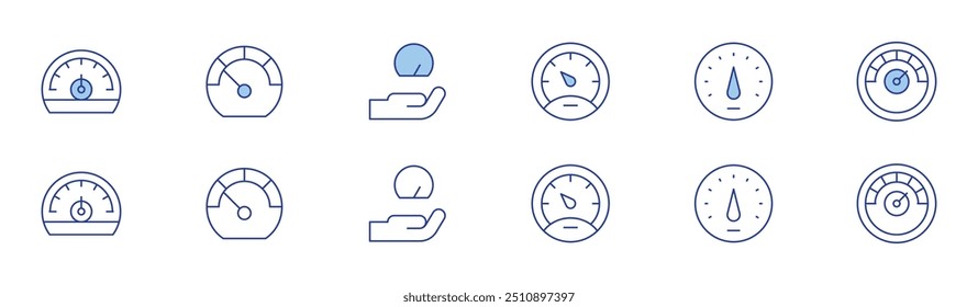 Speedometer icon set in two styles, Duotone and Thin Line style. Editable stroke. speedometer.