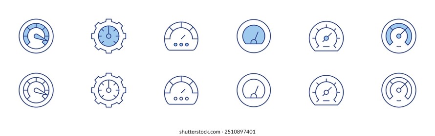 Speedometer icon set in two styles, Duotone and Thin Line style. Editable stroke. speedtest, dashboard, speedometer.