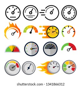 Speedometer Icon Set Vector. Speed Symbol. Auto Power. Automobile Interface. Transportation Element. Fast Indicator. Measure Progress Km Sign. Line, Flat Illustration