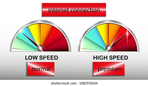 Speedometer icon or sign with arrow. Collection of colorful Infographic gauge element, set speedometer internet speed and download. Vector illustration.