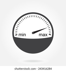Speedometer icon or sign with arrow. Infographic gauge element. Black tachometer isolated on white background. Vector illustration.