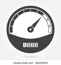 Speedometer icon or sign with arrow. Infographic gauge element. Vector symbol. Black tachometer isolated on white background. 