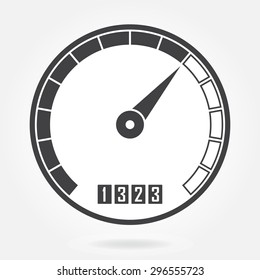 Speedometer icon or sign with arrow. Infographic gauge element. Vector symbol. Black tachometer isolated on white background. 