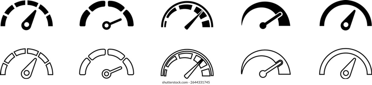Speedometer icon. Speed indicator icon flat line set. Feedback Rating meter performance concept Dashboard level scale vector for apps Fast speed sign low and high barometers, gauge, score progress