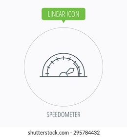 Speedometer icon. Speed tachometer with arrow sign. Linear outline circle button. Vector
