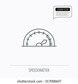 Speedometer icon. Speed tachometer with arrow sign. Linear outline icon. Speech bubble of dotted line. Vector