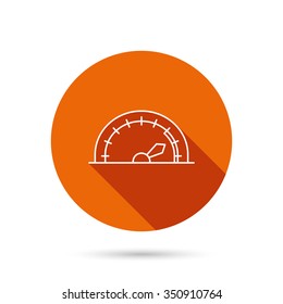 Speedometer icon. Speed tachometer with arrow sign. Round orange web button with shadow.