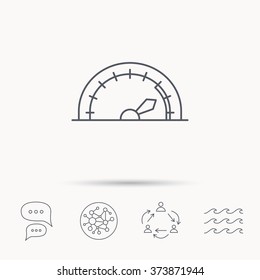 Speedometer icon. Speed tachometer with arrow sign. Global connect network, ocean wave and chat dialog icons. Teamwork symbol.