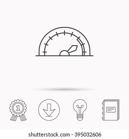 Speedometer icon. Speed tachometer with arrow sign. Download arrow, lamp, learn book and award medal icons.
