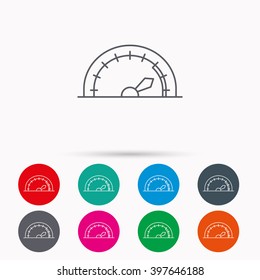 Speedometer icon. Speed tachometer with arrow sign. Linear icons in circles on white background.