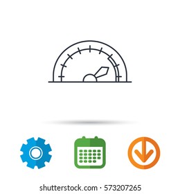 Speedometer icon. Speed tachometer with arrow sign. Calendar, cogwheel and download arrow signs. Colored flat web icons. Vector