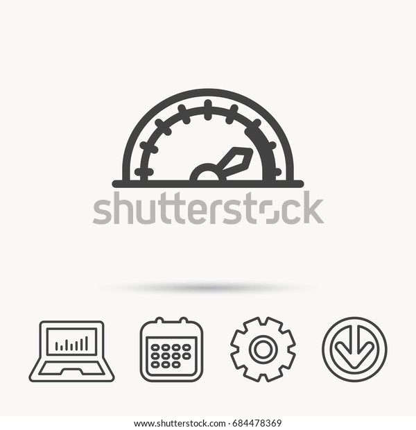 Speedometer icon. Speed tachometer with arrow\
sign. Notebook, Calendar and Cogwheel signs. Download arrow web\
icon. Vector