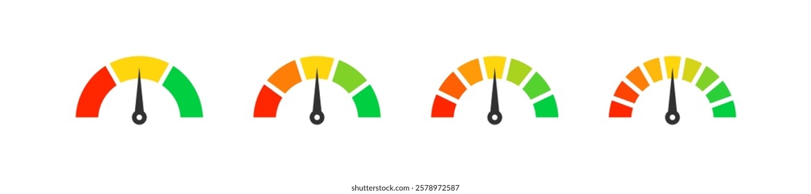 Speedometer icon. Tachometer indicator. Dashboard scale. Meter measure. Power gauge.