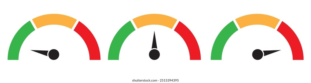 Ícone de velocímetro, vetor definido em fundo branco. Design do conjunto de ícones do medidor de riscos. Risco baixo, médio ou alto no velocímetro. Conjunto de medidores de baixo para alto. Ilustração vetorial